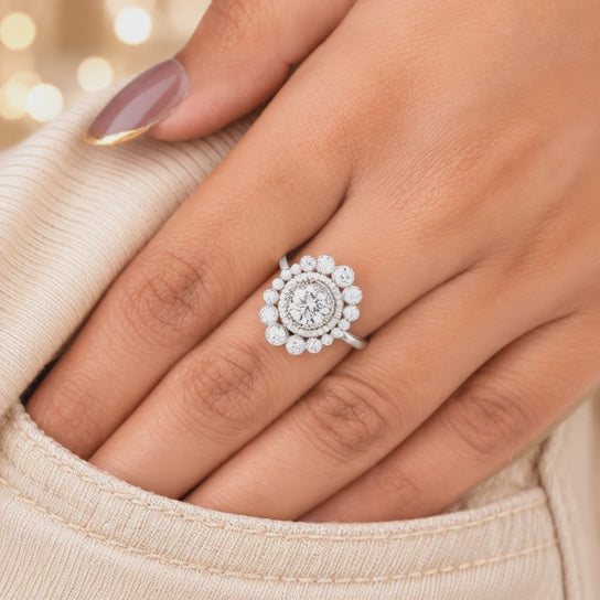 2.00 CT Round Cut Lab-Grown Diamond Double Halo Engagement Ring in 14K White Gold – Vintage Art Deco Flower Cluster Design