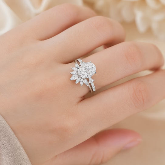 3.00 CT Oval Lab-Grown Diamond 2PCS Bridal Set in 14K White Gold – Vintage Cluster Wedding Ring Design