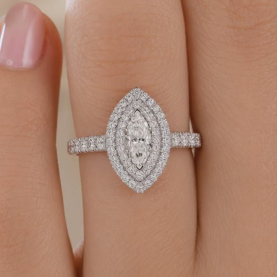 1.00 CT Marquise Cut Lab-Grown Diamond Double Halo Engagement Ring in 14K White Gold – Vintage Inspired Design