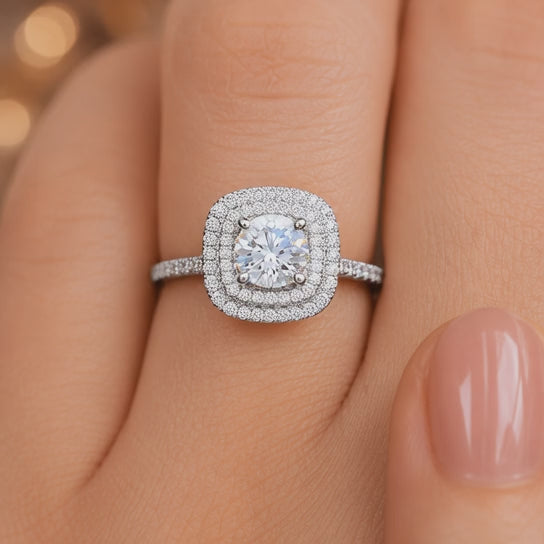 4.00 CT Cushion Cut Lab-Grown Diamond Double Halo Engagement Ring in 14K White Gold – Square Halo Bridal Design