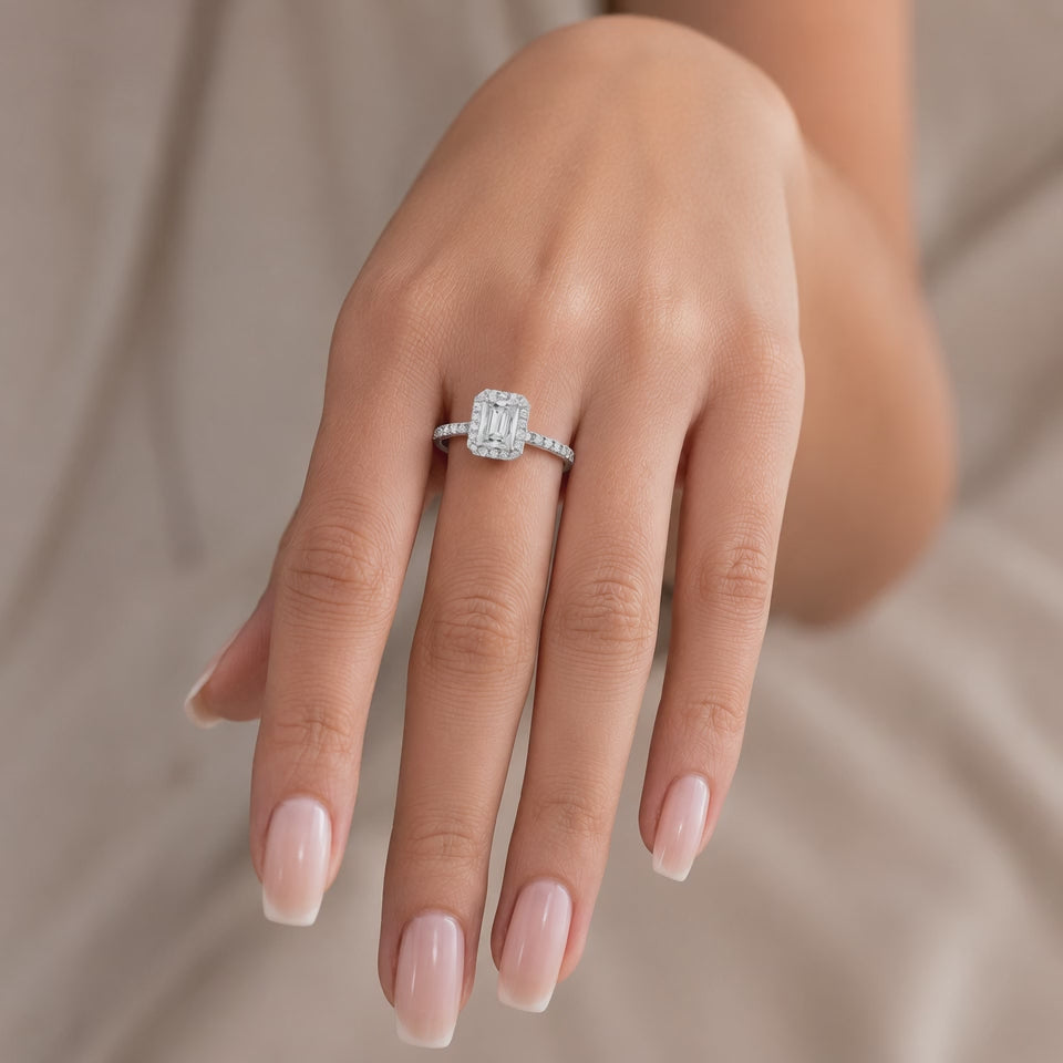 Lucy 1.37 ct Lab Grown Radiant Cut Halo Pave Diamond Engagement Ring