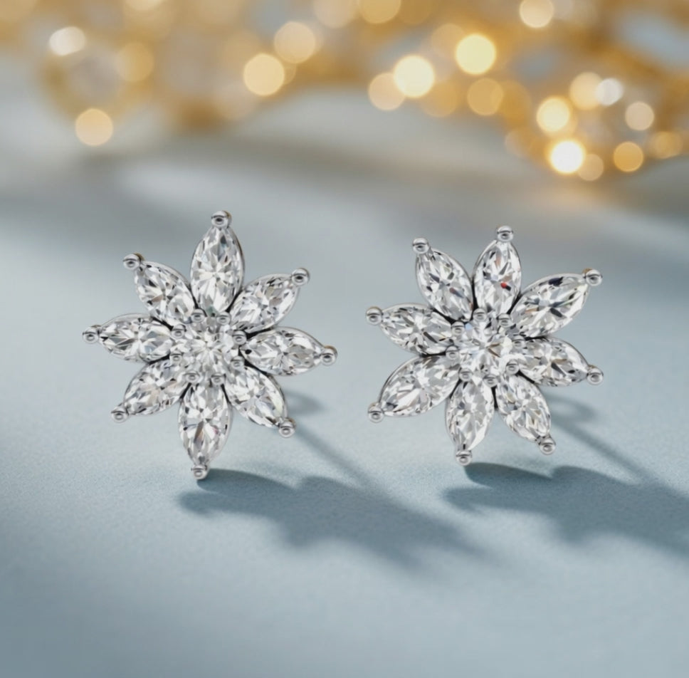 2.15 ct Marquise Round Cut Stud Cluster Diamond Earrings VS1 D White Gold 14k