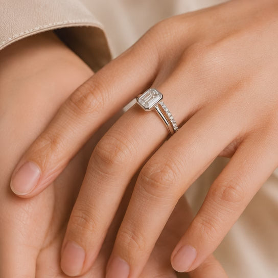 2.00 CT Emerald Cut Lab-Grown Diamond 2PCS Bezel Bridal Set in 14K White Gold – Minimalist Wedding Ring Design