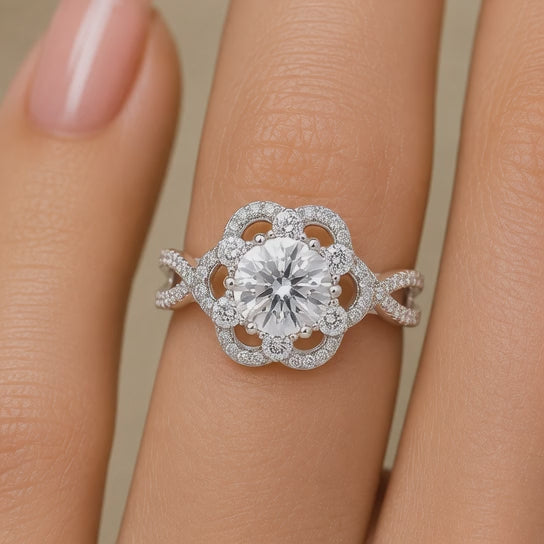 1.00 CT Round Cut Lab-Grown Diamond Double Halo Engagement Ring in 14K White Gold – Split Shank Anniversary Design