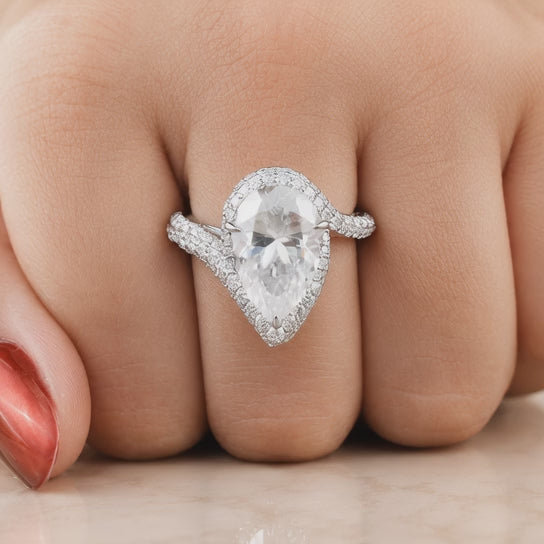 5.50 CT Pear Cut Lab-Grown Diamond Double Halo Engagement Ring in 14K White Gold – Bypass Bridal Design