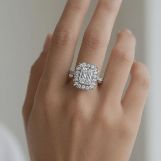 Amalia 2.5 Carat Emerald Cut Halo Pave Engagement Ring