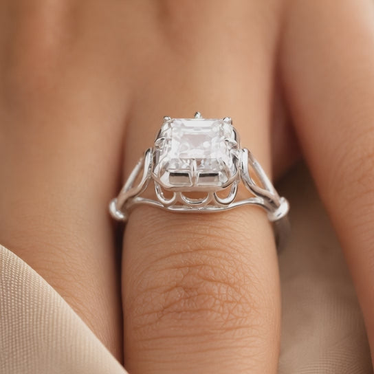 3.50 CT Asscher Cut Lab-Grown Diamond Solitaire Engagement Ring in 14K White Gold – Georgian Button Back Design | IGI Certified