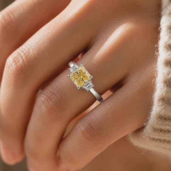 3.00 CT Yellow Radiant Cut Lab-Grown Diamond Three-Stone Engagement Ring in 14K White Gold – Fancy Color Proposal Design