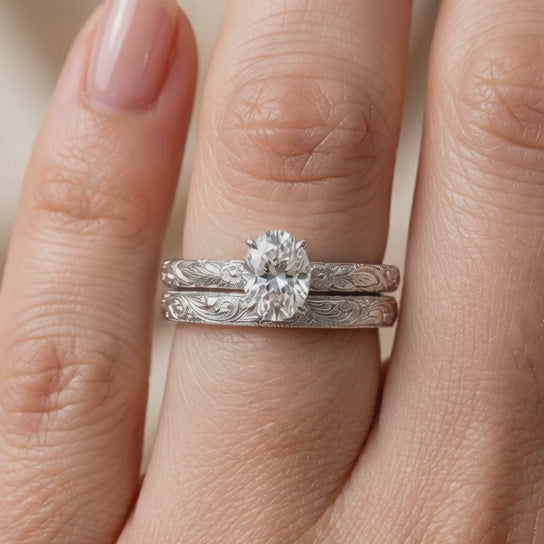 2.00 CT Vintage Oval Cut Lab-Grown Diamond Engagement Ring Set in 14K White Gold – Hand-Engraved Floral Wedding Band