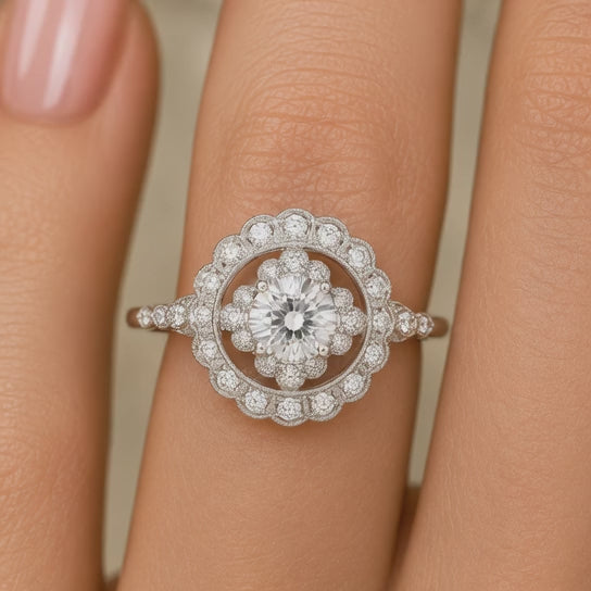 2.00 CT Round Lab-Grown Diamond Double Halo Engagement Ring in 14K White Gold – Floral Bridal Design