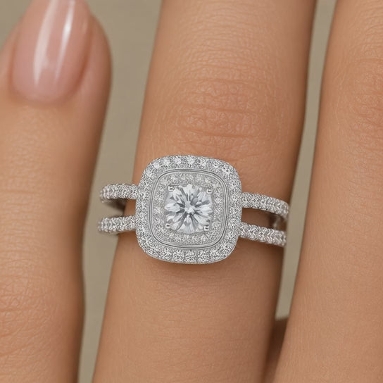 2.00 CT Round Cut Lab-Grown Diamond Double Halo Engagement Ring in 14K White Gold – Split Shank Bridal Design