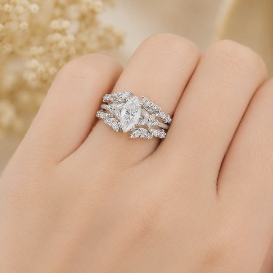 2.30 CT Marquise Lab-Grown Diamond 2PCS Bridal Set in 14K White Gold – Double Enhancer Leaf Fairy Wedding Band Design