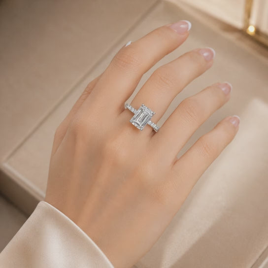 4.00 CT Emerald Cut Lab-Grown Diamond Hidden Halo Engagement Ring in 14K White Gold – Stackable Anniversary Design