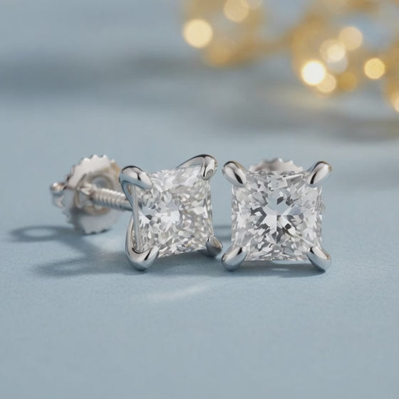 2 Ct Princess Cut Stud Diamond Earrings VS1 D Screw Back White Gold 14k