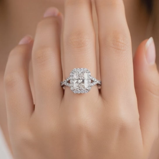 Ophelia 2.35 Carat Radiant Cut Pave Halo Split Shank Engagement Ring