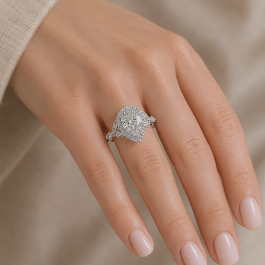 Ada 4.35 Carat Pear Cut Halo Pave Engagement Ring