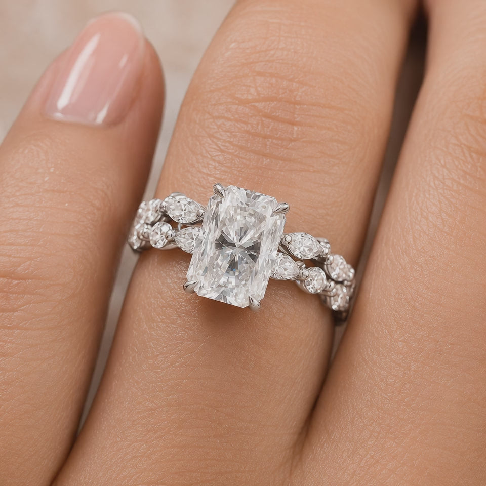 4.00 CT Radiant Cut Lab-Grown Diamond 2PCS Hidden Halo Bridal Set in 14K White Gold – Marquise Full Eternity Wedding Band Design