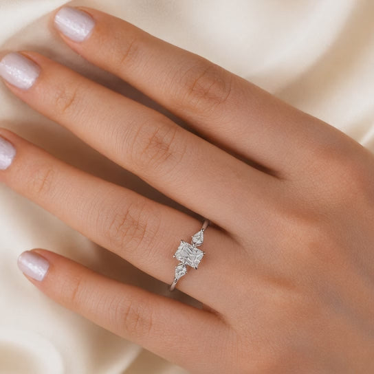 2.00 CT Radiant Cut Lab-Grown Diamond Three-Stone Engagement Ring in 14K White Gold – Kite Side Stone Design