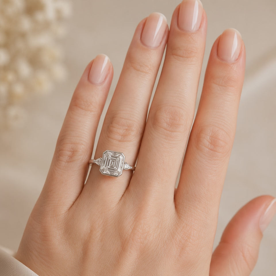 3.40 CT Asscher Cut Lab-Grown Diamond Engagement Ring in 14K White Gold – Marquise Accent Bezel Set Art Deco Design