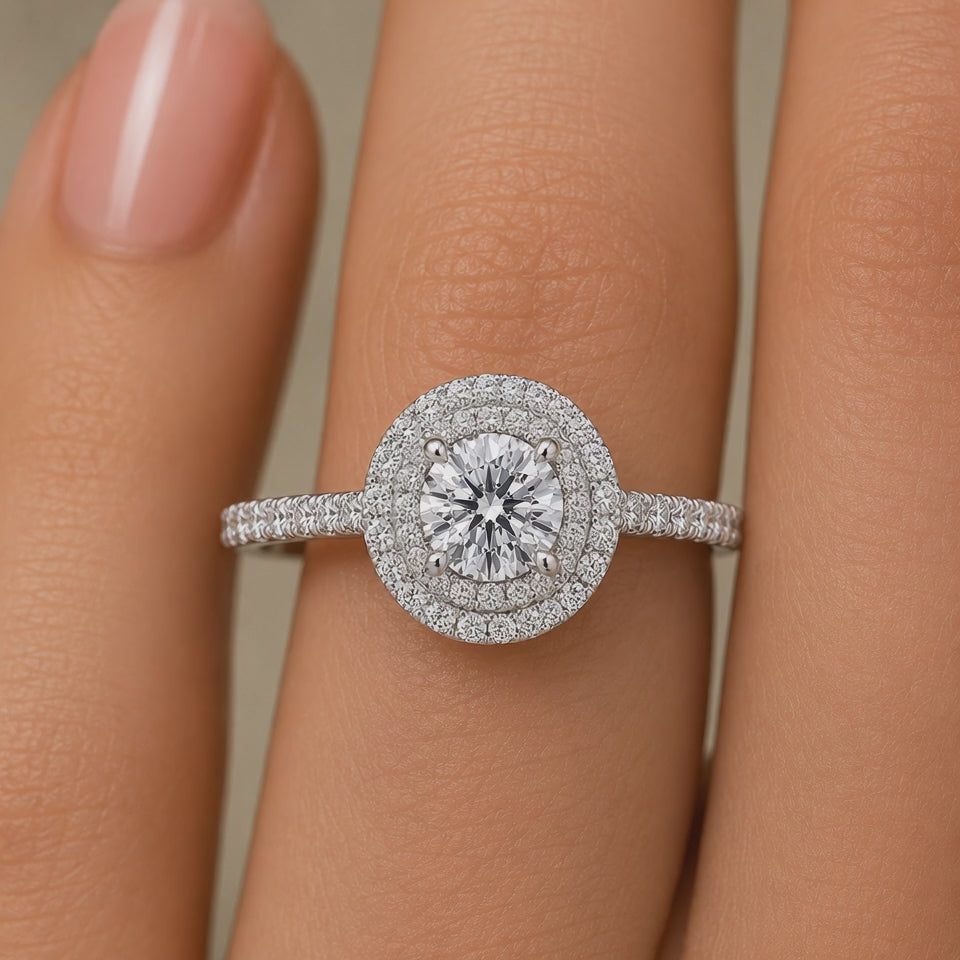1.82 CT Round Brilliant Lab-Grown Diamond Double Halo Engagement Ring in 14K White Gold – Diamond Shank Design