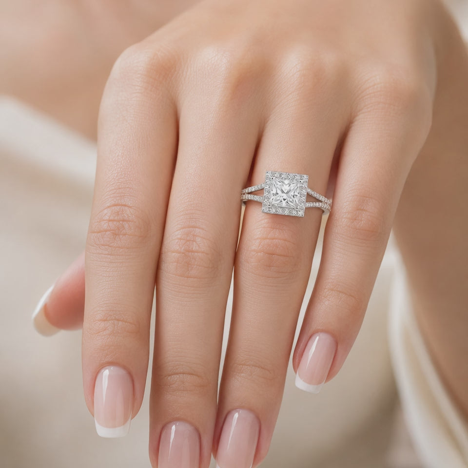 Livia 2.95 ct Lab Grown Princess Cut Split Shank Halo Diamond Engagement Ring