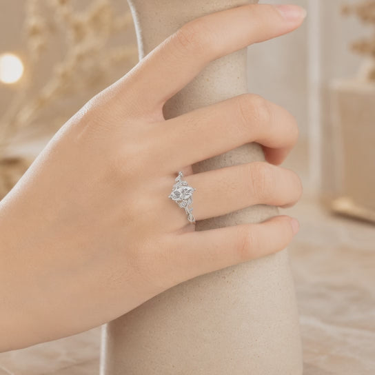 1.00 CT Marquise Lab-Grown Diamond Engagement Ring in 14K White Gold – Engraved Leaf Design Promise Ring