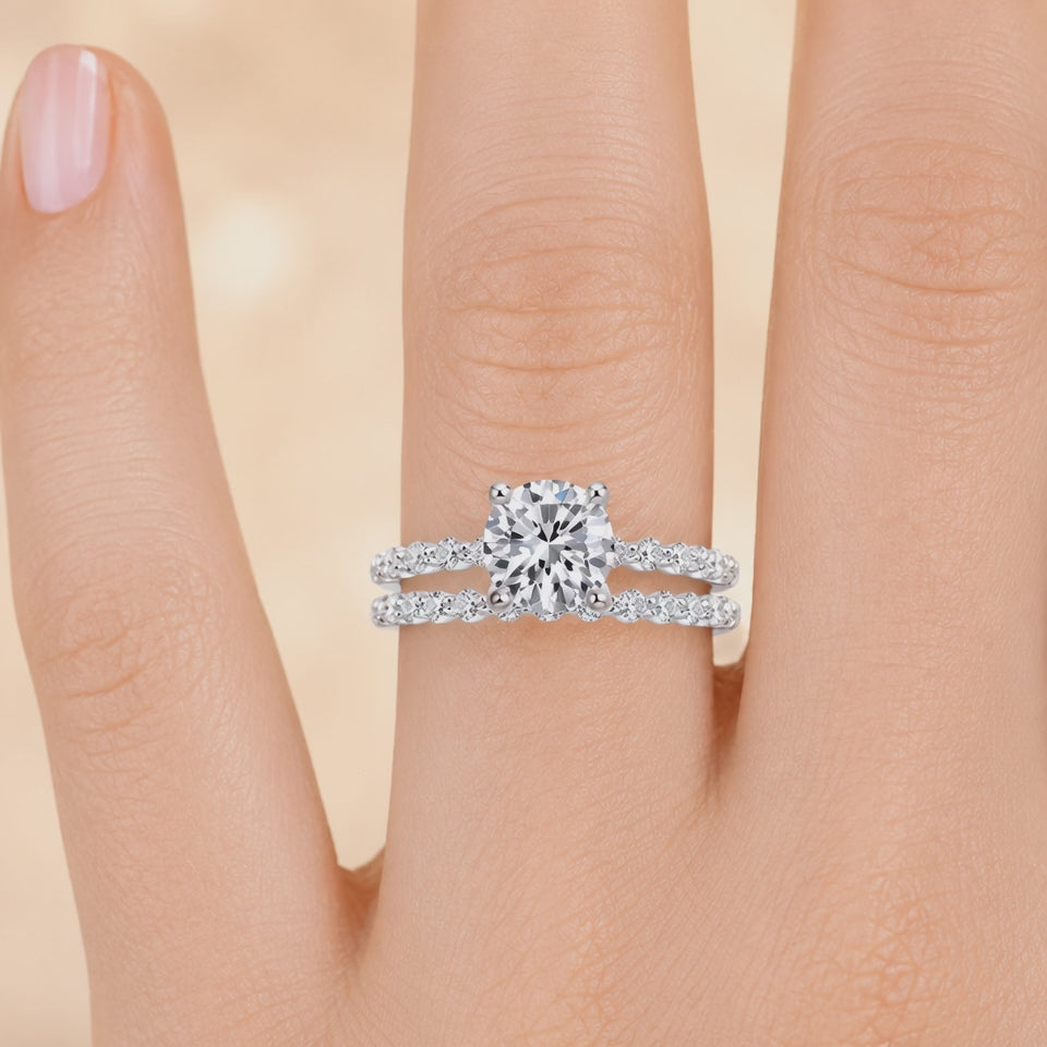 1.85 CT Marseille Round Lab-Grown Diamond 2PCS Bridal Set in 14K White Gold – Floating Shared Prong Wedding Ring Design