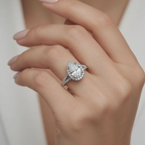 Clara 3.4ct Lab Pear Halo Split Shank Diamond Ring