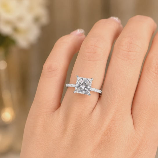 3.00 CT Princess Cut Lab-Grown Diamond Hidden Halo Engagement Ring in 14K White Gold – Pavé Eternity Band Design