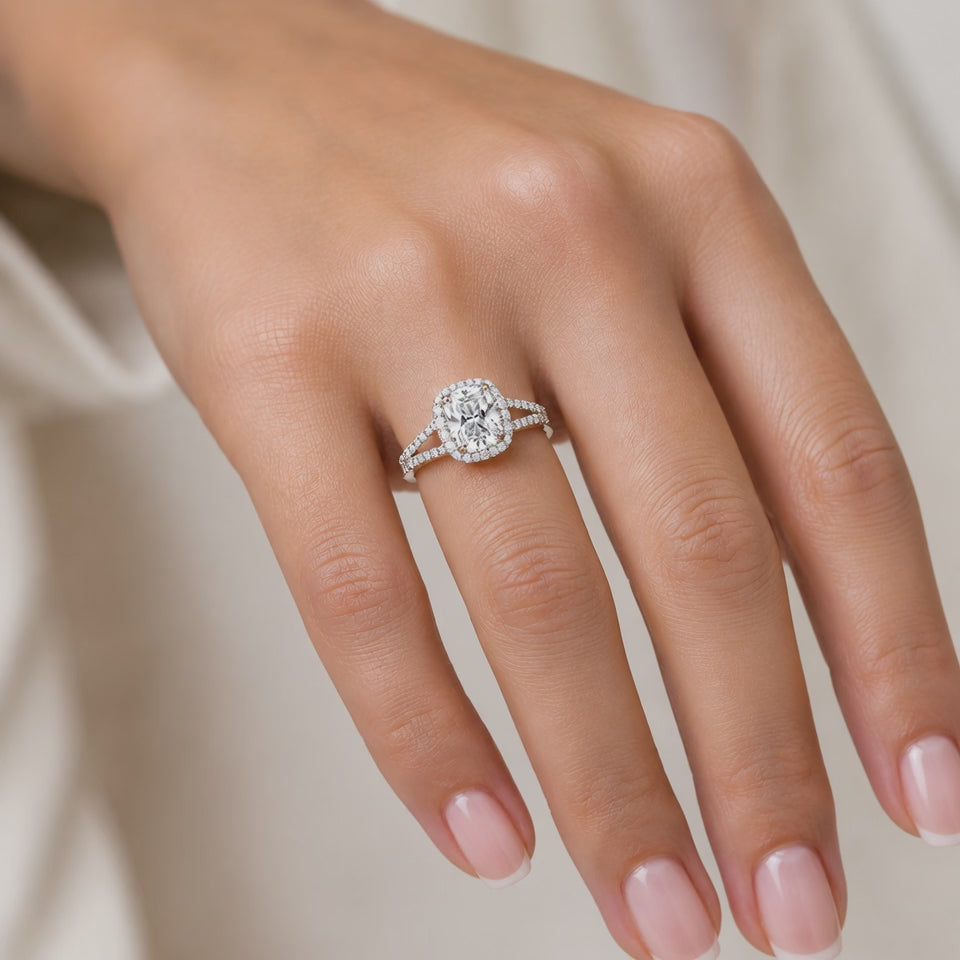 Eva 1.42 ct Lab Grown Cushion Cut Halo Split Shank Diamond Engagement Ring