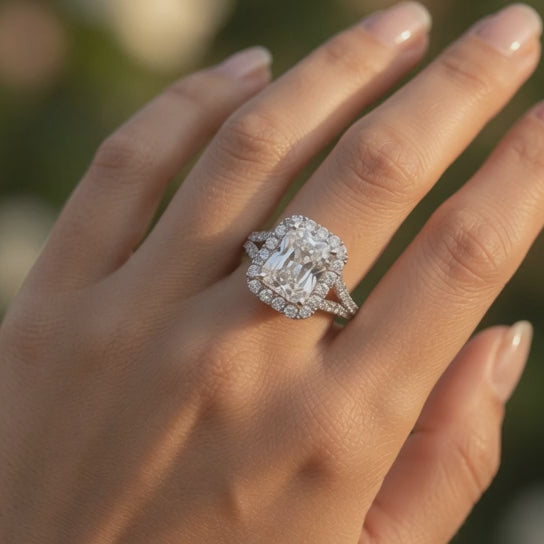 Ophelia 2.35 Carat Emerald Cut Pave Halo Split Shank Engagement Ring