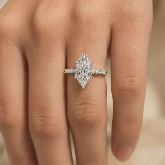 4.00 CT Dutch Marquise Lab-Grown Diamond Hidden Halo Engagement Ring in 14K White Gold – Rose Cut Side Stone Design
