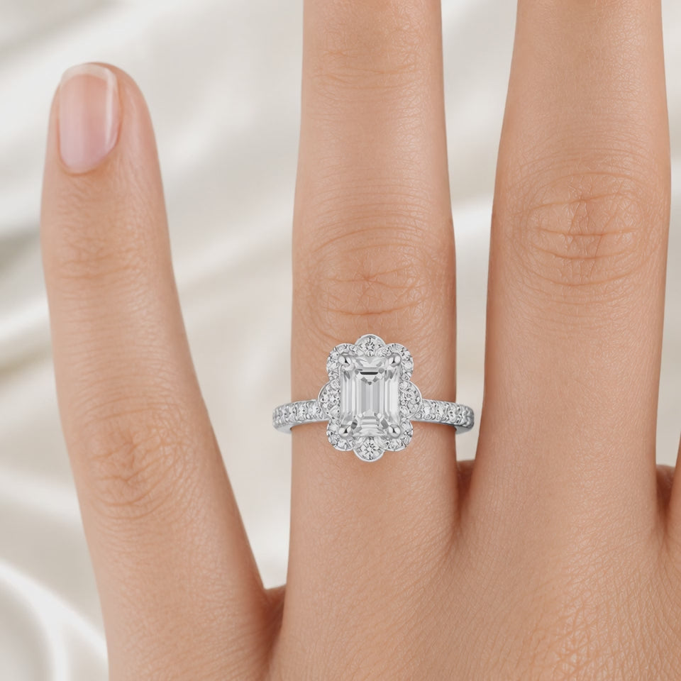 12.90 CT Reina Emerald Cut Lab-Grown Diamond 2PCS Halo Bridal Set in 14K White Gold – Luxe Ballad Matching Wedding Ring Design