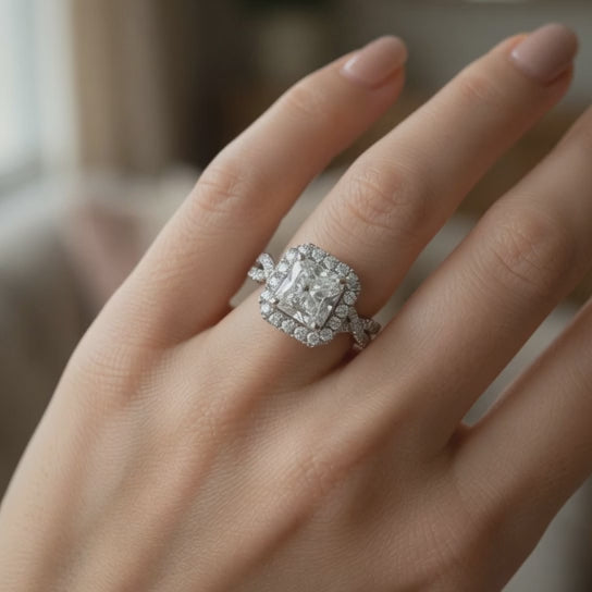 Celestina 3.35 Carat Emerald Cut Halo Pave Split Shank Engagement Ring