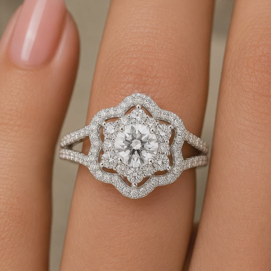 1.00 CT Round Cut Lab-Grown Diamond Double Halo Engagement Ring in 14K White Gold – Vintage Floral Split Shank Design