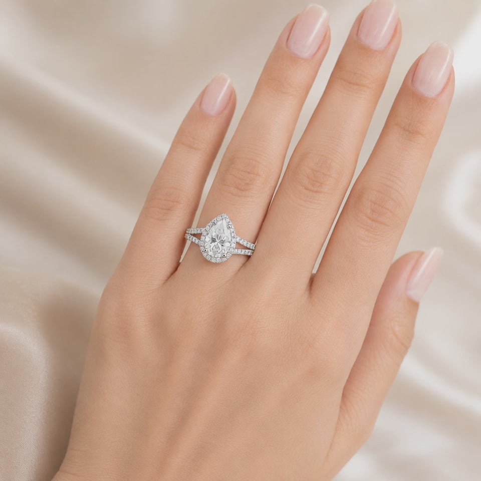 Clara 2.9 ct Lab Grown Pear Cut Halo Split Shank Diamond Engagement Ring