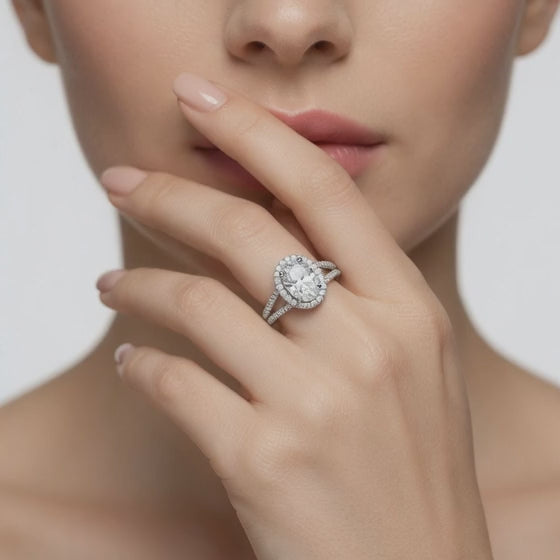 Leah 3.39 ct Lab Grown Oval Cut Halo Split Shank Diamond Engagement Ring