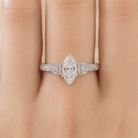 3.00 CT Vintage Marquise Cut Lab-Grown Diamond Engagement Ring in 14K White Gold – Milgrain Filigree Floral Vine Design