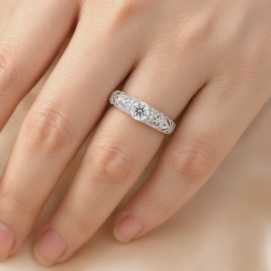 1.30 CT Lab-Grown Diamond Openwork Engagement Ring in 14K White Gold – Vintage Engraved Bridal Design