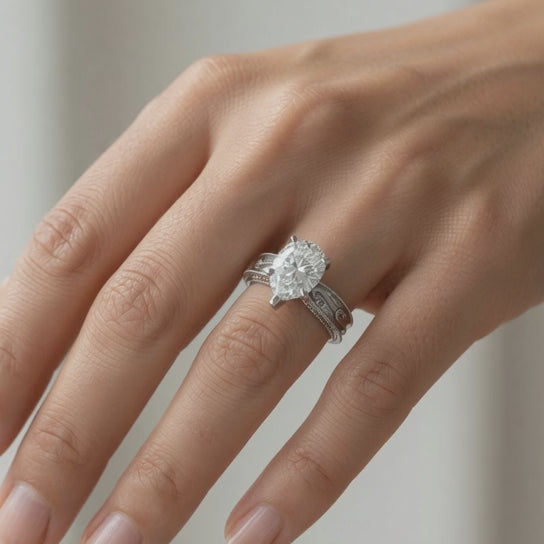 Sabrina 4 Carat Pear Cut Solitaire Hand Engraved Milgrain Engagement Ring