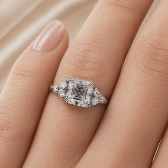 4.00 CT Asscher Cut Lab-Grown Diamond Engagement Ring in 14K White Gold – Side Stone Wedding Band Design
