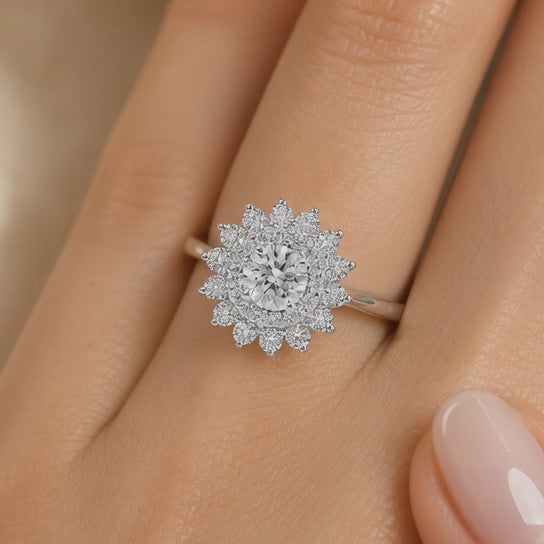 2.50 CT Round Cut Lab-Grown Diamond Double Halo Engagement Ring in 14K White Gold – Vintage Art Deco Starburst Design