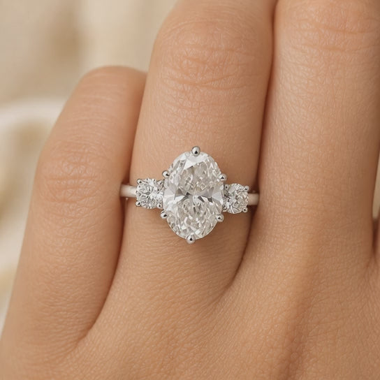 3.00 CT Oval Cut Lab-Grown Diamond Three-Stone Engagement Ring in 14K White Gold – Round Side Diamond Custom Design