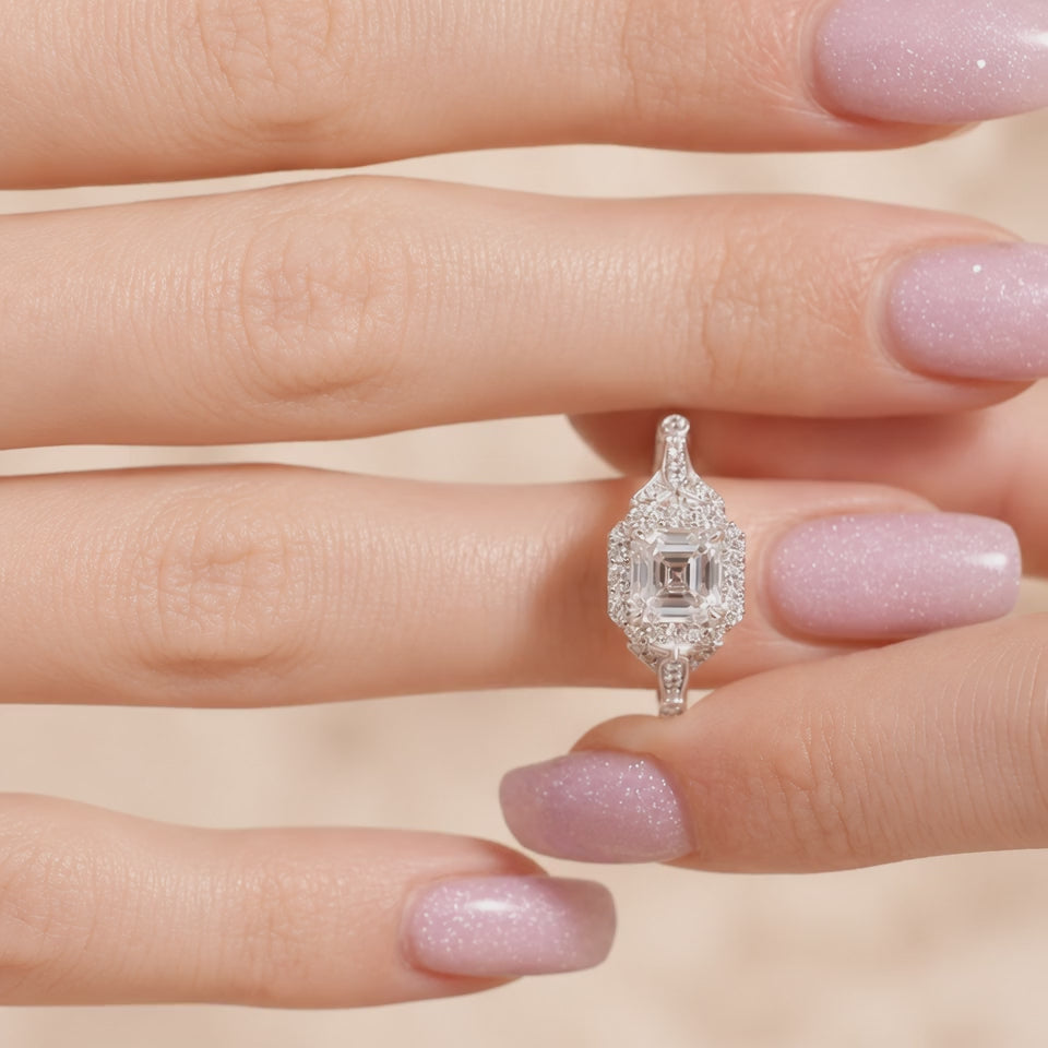 3.50 CT Asscher Cut Lab-Grown Diamond Engagement Ring in 14K White Gold – Round Side Stone Luxury Bridal Design