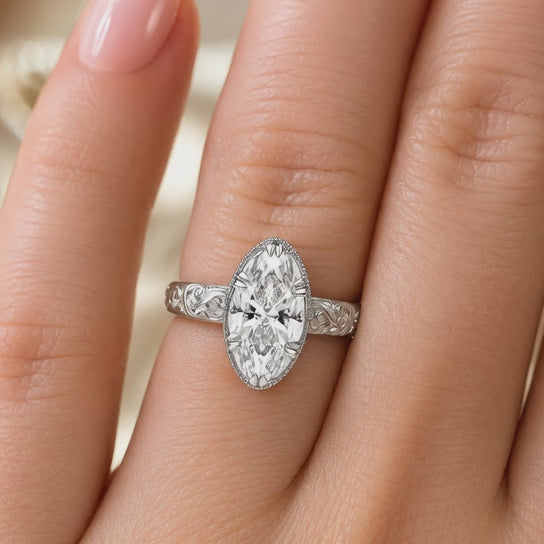 1.00 CT Emerald Cut Lab-Grown Diamond Engagement Ring in 14K White Gold – Vintage Floral Engraved Milgrain Design