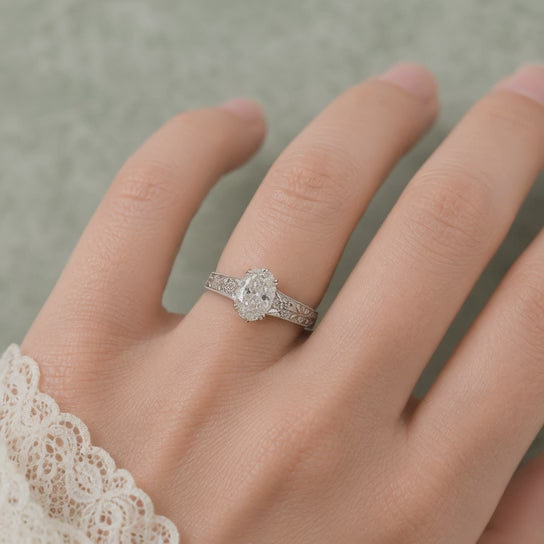 5.00 CT Oval Ashoka Style Lab-Grown Diamond Engagement Ring in 14K White Gold – Vintage Hand-Carved Edwardian Design