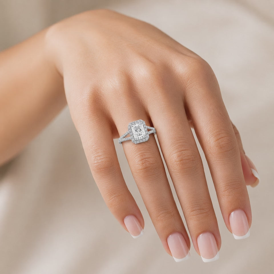 Anna 1.33 ct Lab Grown Emerald Cut Halo Split Shank Diamond Engagement Ring