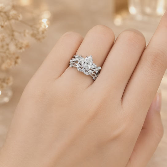 2.50 CT Pear Lab-Grown Diamond Cluster Leaf Twig 2PCS Bridal Set in 14K White Gold – Nature Inspired Wedding Ring Design
