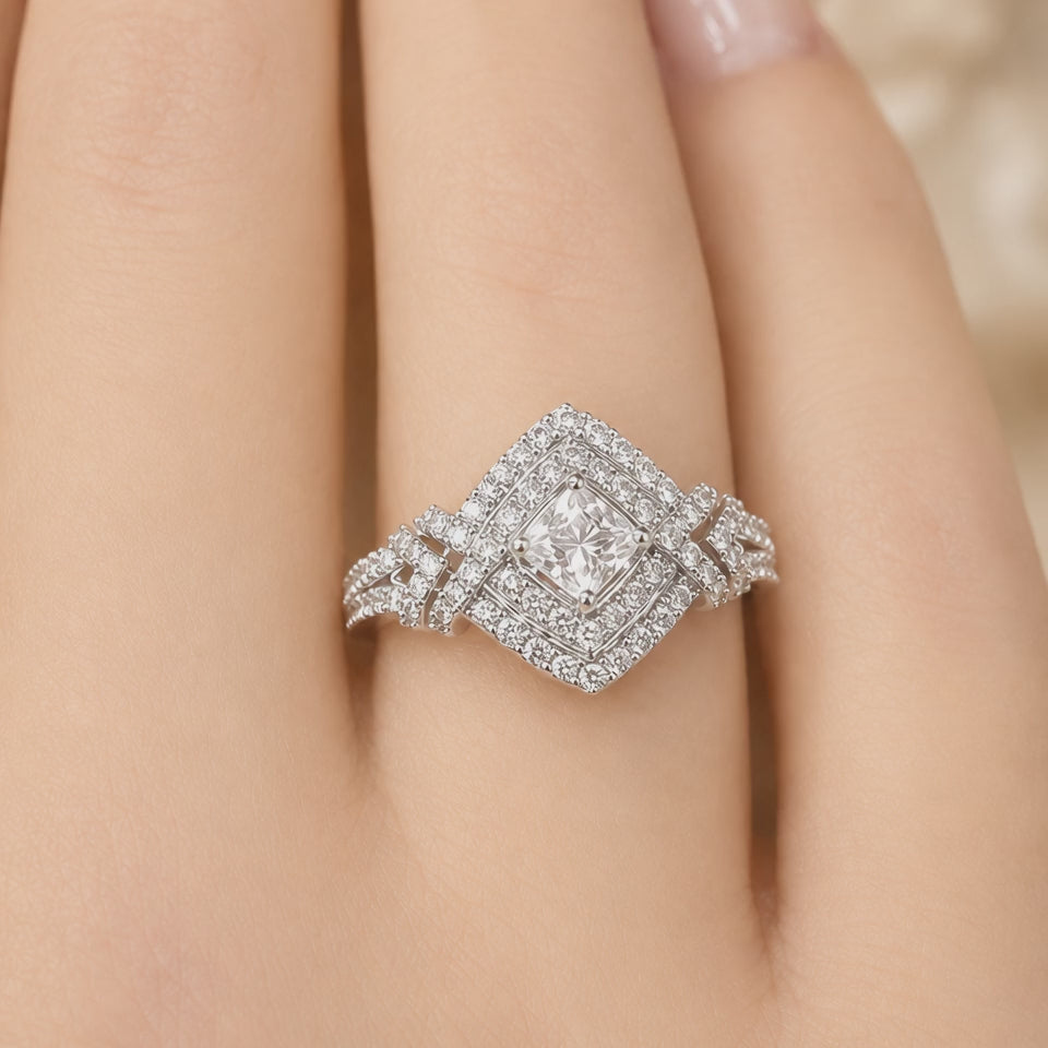 1.50 CT Princess Cut Lab-Grown Diamond Double Halo Engagement Ring in 14K White Gold – Round Diamond Bridal Design