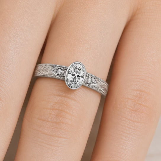 2.00 CT Oval Bezel Set Lab-Grown Diamond Engagement Ring in 14K White Gold – Hand-Engraved Vintage Heirloom Design